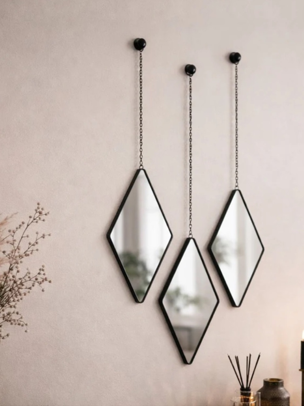 3 Black Modern Diamond Hanging Wall Mirrors Decor Set